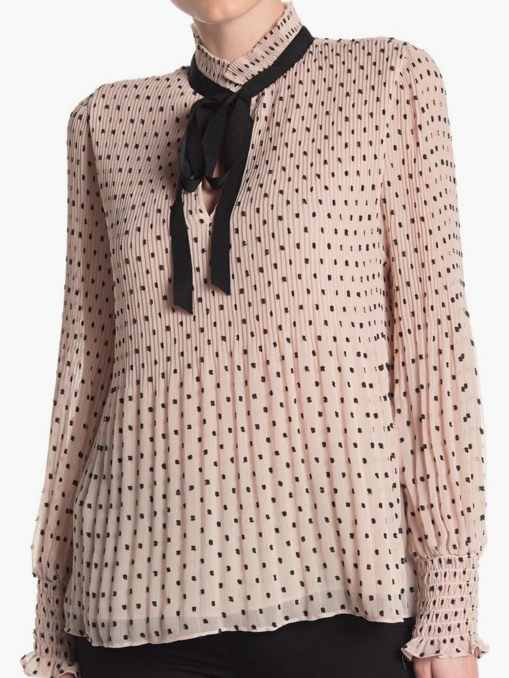 Max Studio Blush Pink Pleated Polka Dot Tie-Neck Blouse